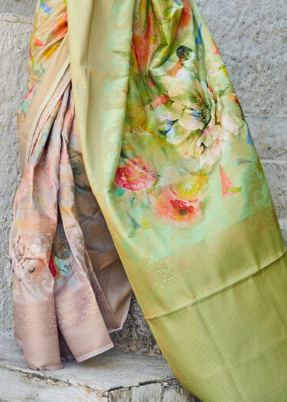 Lime Green Digital Printed Satin Silk Saree - Colorful Saree