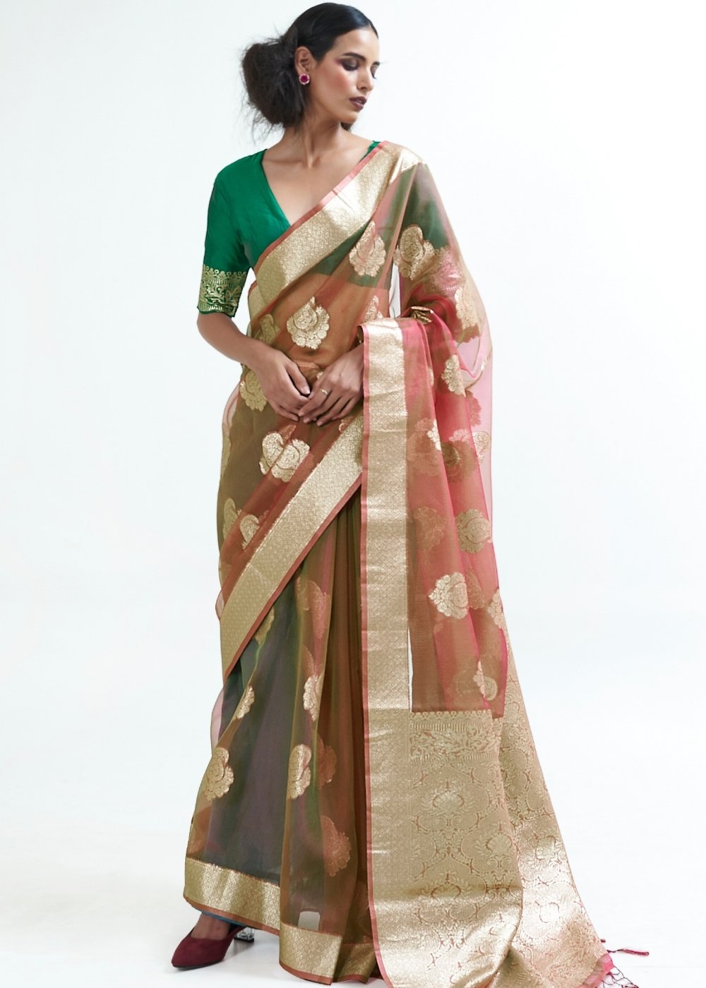 Light Brown Designer Woven Organza Silk Saree - Colorful Saree