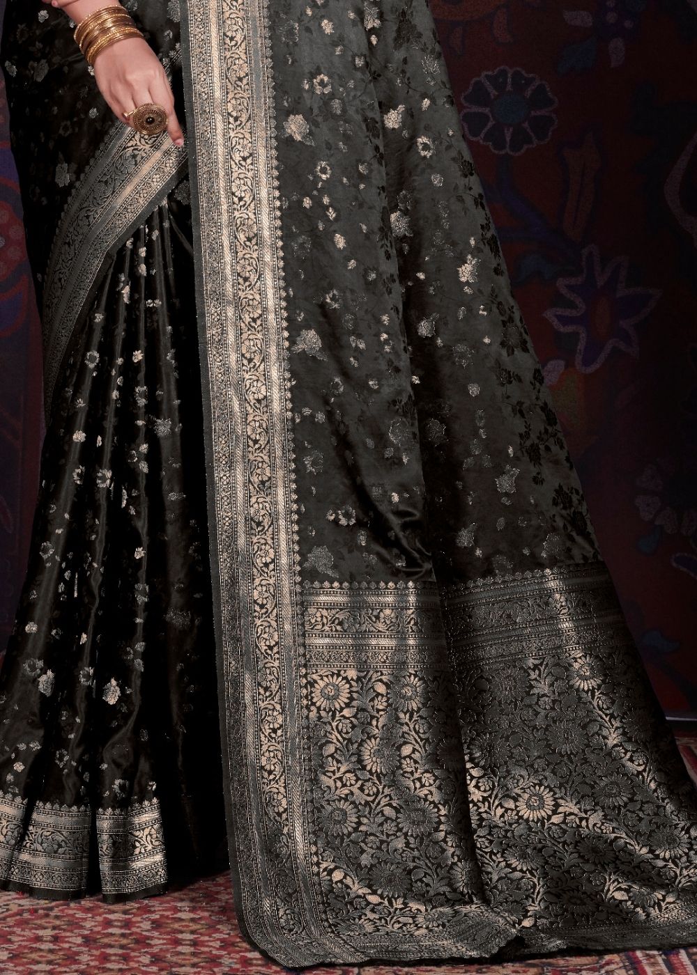 Pitch Black Zari Woven Satin Silk Saree - Colorful Saree