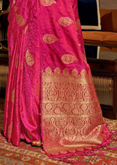 Ruby Pink Satin Woven Silk Saree with overall Golden Buti - Colorful Saree