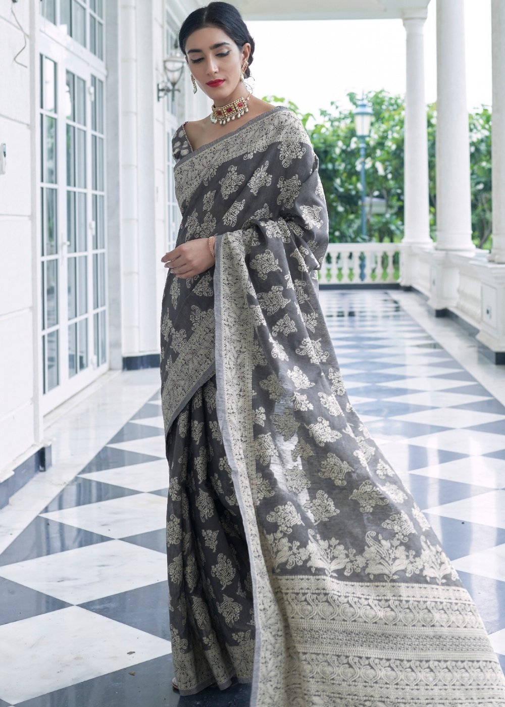 Silver Grey Lucknowi Chikankari Weaving Silk Saree - Colorful Saree