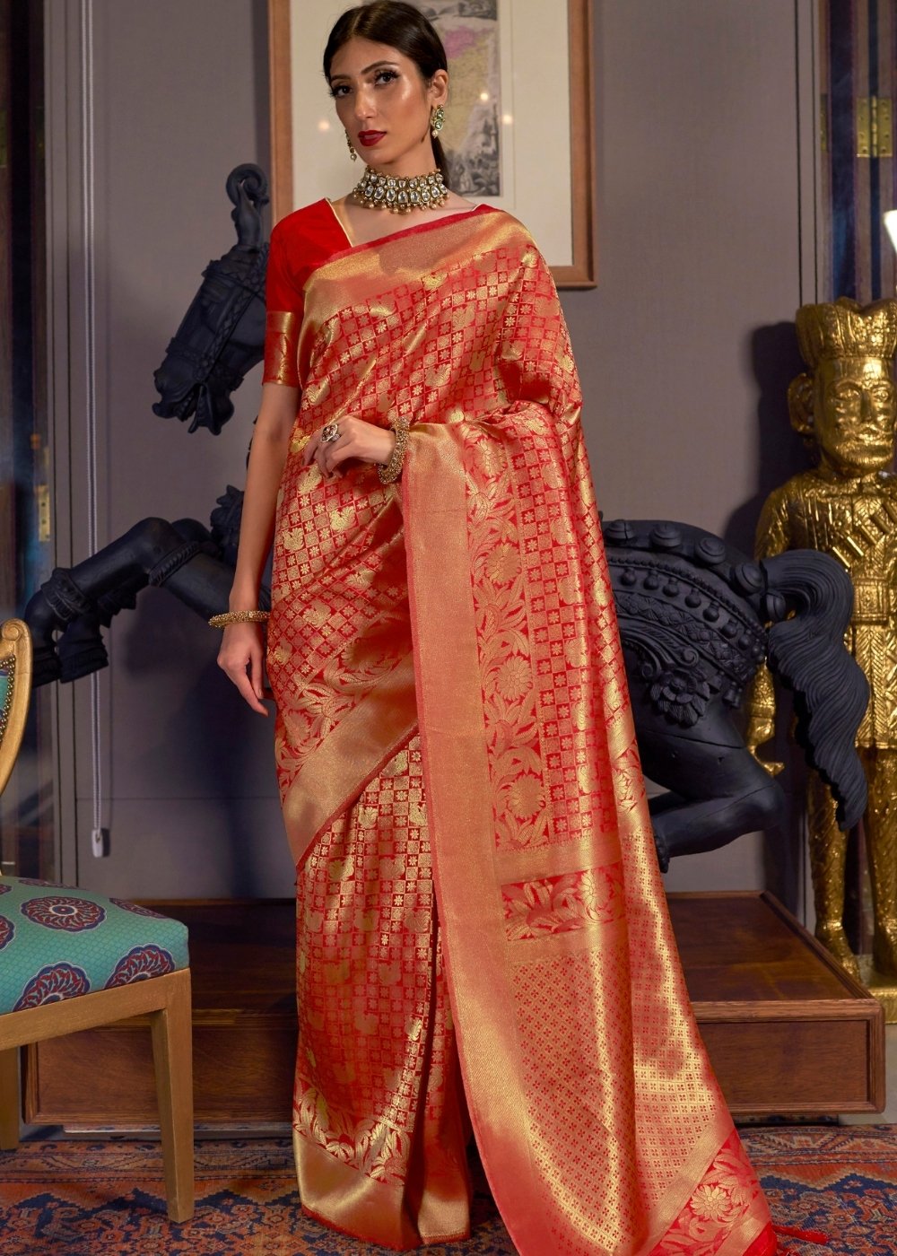 Tomato Red and Golden Blend Kanjivaram Soft Woven Silk Saree - Colorful Saree