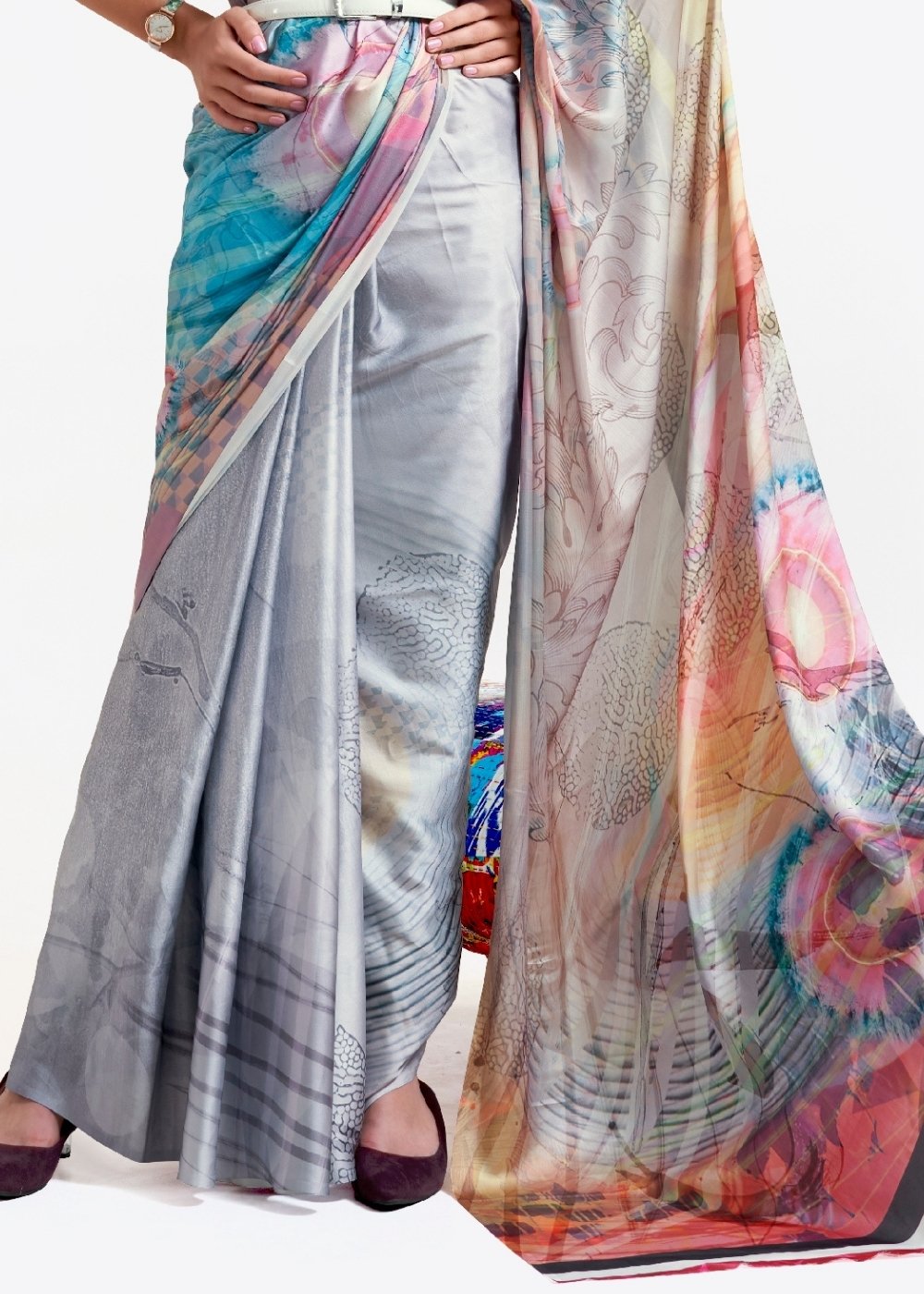 Silver Grey Digital Printed Satin Crepe Saree - Colorful Saree