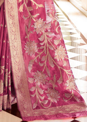 Ruby Pink Handloom Weaving Silk Saree with Floral Zari work on Pallu - Colorful Saree