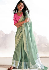 Viridian Green Soft Linen Silk Saree with Lucknowi work and Sequence Blouse - Colorful Saree