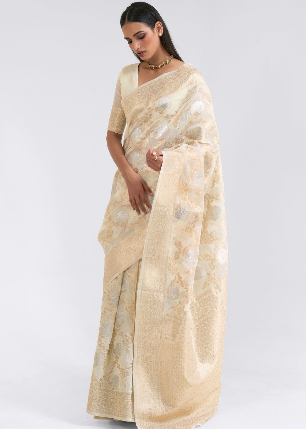 Ivory White Zari Woven Linen Silk Saree - Colorful Saree