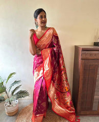 Bewitching Dark Pink Paithani Silk Saree With Brood Blouse Piece - Colorful Saree