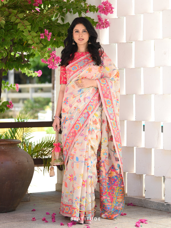 Luxuriant Beige Pashmina saree With Amiable Blouse Piece - Colorful Saree