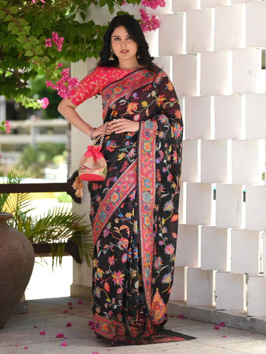 Cynosure Black Pashmina saree With Dissemble Blouse Piece - Colorful Saree