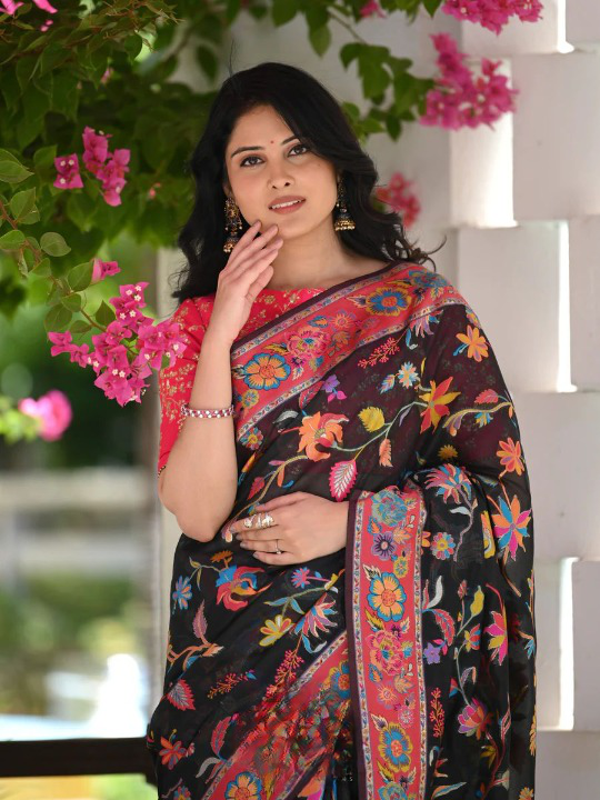 Cynosure Black Pashmina saree With Dissemble Blouse Piece - Colorful Saree