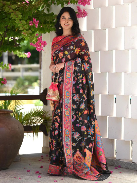 Cynosure Black Pashmina saree With Dissemble Blouse Piece - Colorful Saree