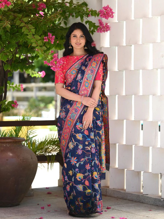 Evocative Blue Pashmina saree With Moiety Blouse Piece - Colorful Saree