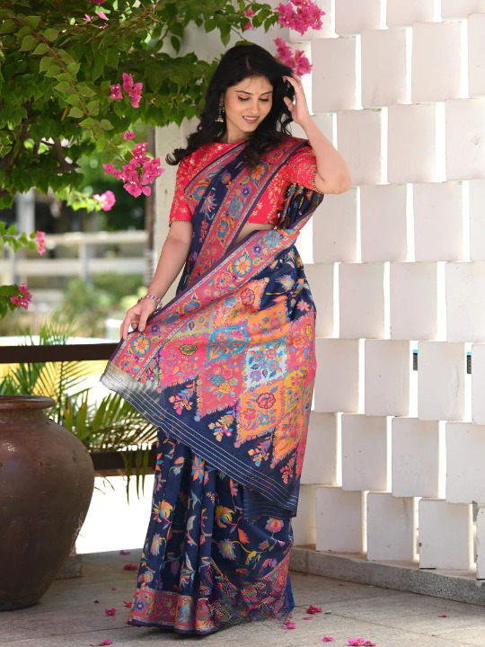 Evocative Blue Pashmina saree With Moiety Blouse Piece - Colorful Saree