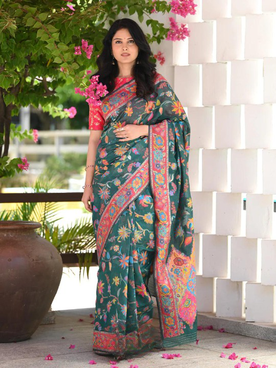 Seraglio Green Pashmina saree With Staggering Blouse Piece - Colorful Saree