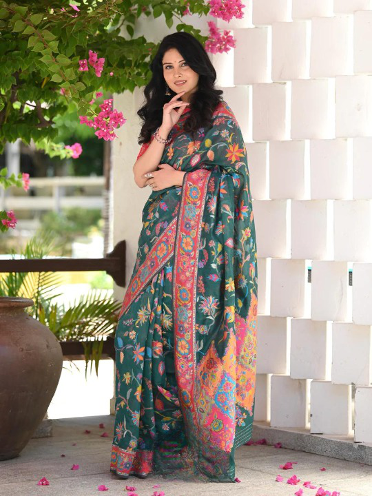 Seraglio Green Pashmina saree With Staggering Blouse Piece - Colorful Saree
