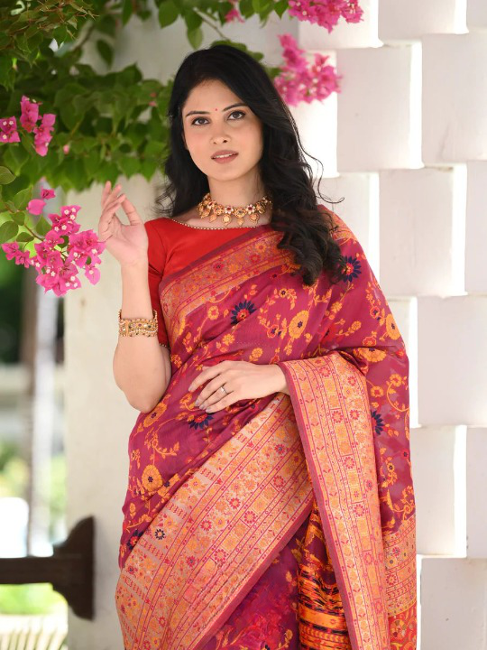 Vestigial Red Pashmina saree With Sempiternal Blouse Piece - Colorful Saree