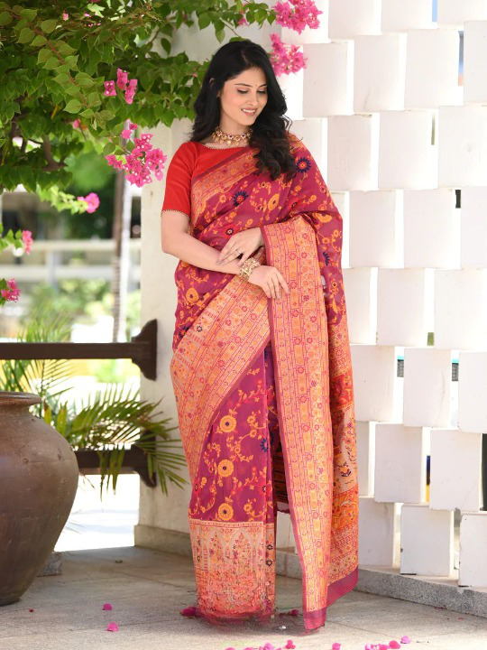 Vestigial Red Pashmina saree With Sempiternal Blouse Piece - Colorful Saree