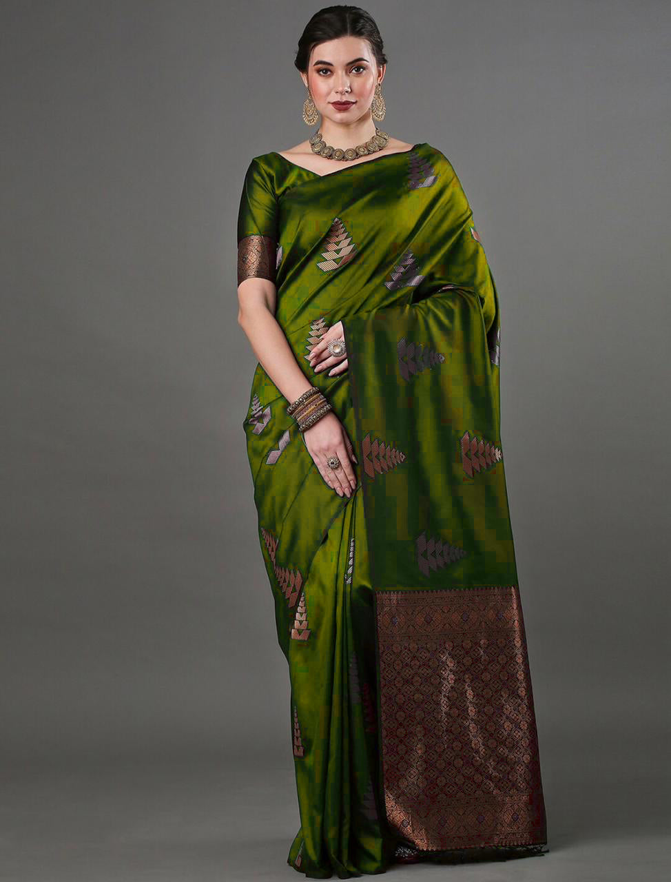 Intricate Mahndi Soft Silk Saree With Hypnotic Blouse Piece - Colorful Saree