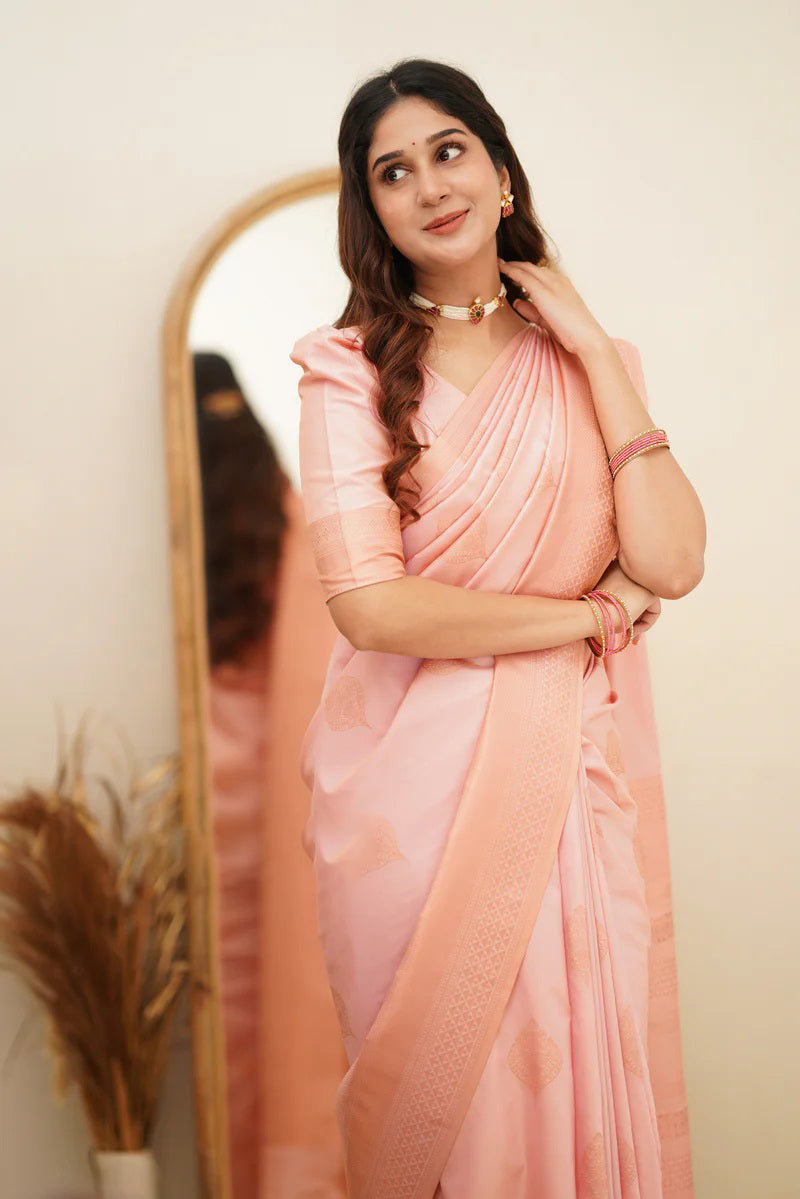 Angelic Baby Pink Soft Silk Saree With Assemblage Blouse Piece - Colorful Saree