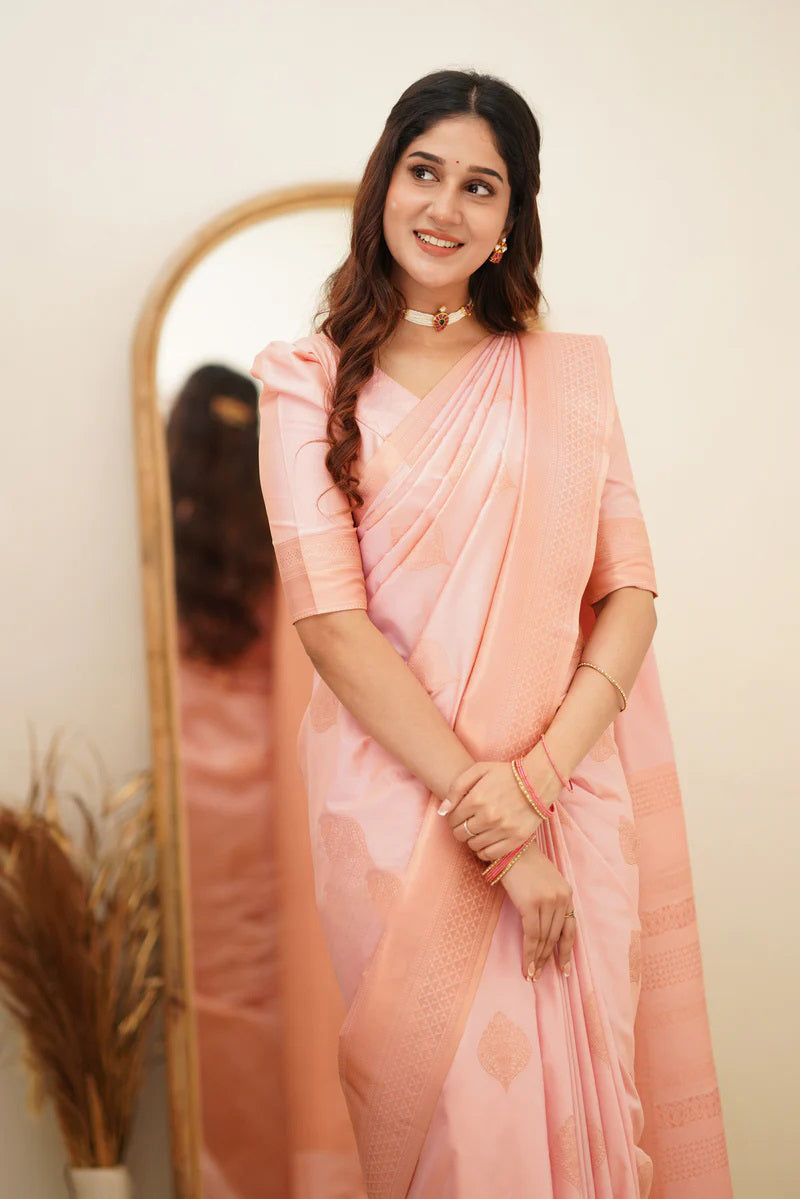 Angelic Baby Pink Soft Silk Saree With Assemblage Blouse Piece - Colorful Saree