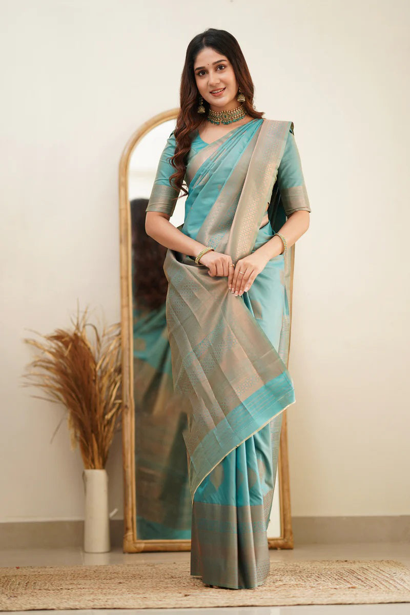 Scintilla Turquoise Soft Silk Saree With Vestigial Blouse Piece - Colorful Saree