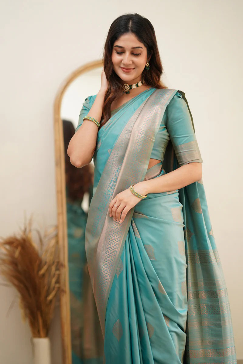 Scintilla Turquoise Soft Silk Saree With Vestigial Blouse Piece - Colorful Saree