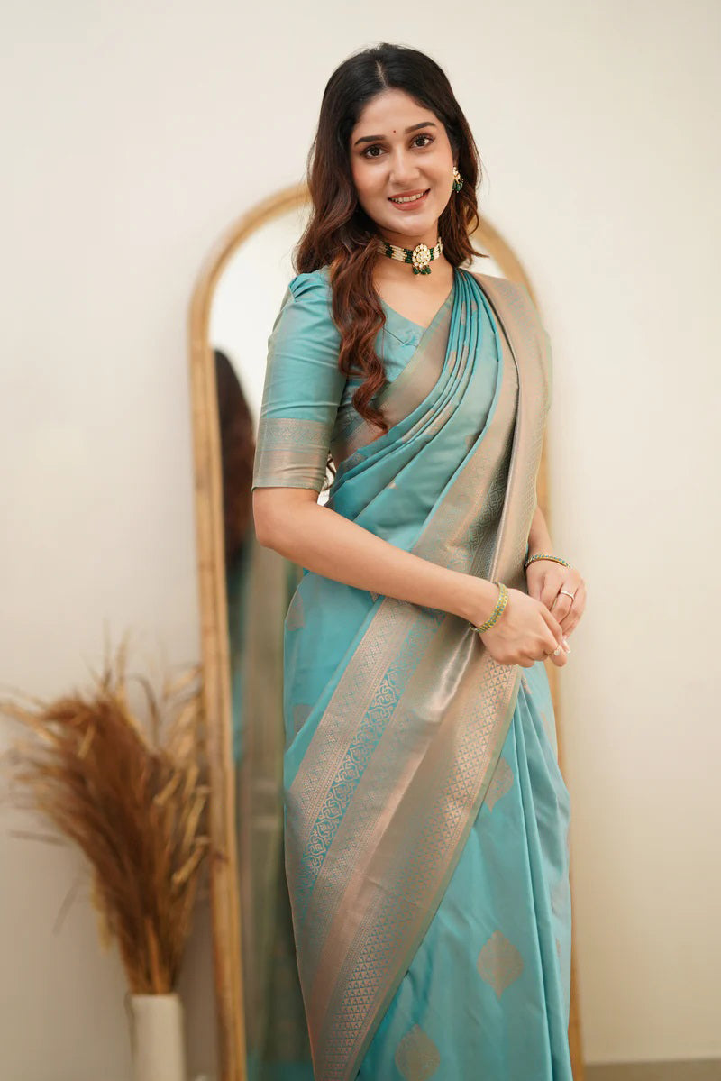 Scintilla Turquoise Soft Silk Saree With Vestigial Blouse Piece - Colorful Saree