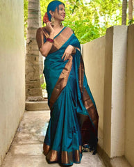 Snazzy Rama Soft Silk Saree With Magnetic Blouse Piece - Colorful Saree