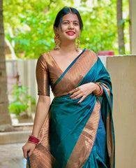 Snazzy Rama Soft Silk Saree With Magnetic Blouse Piece - Colorful Saree