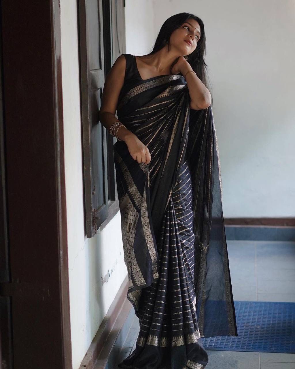 Trendy Black Soft Silk Saree With Precious Blouse Piece - Colorful Saree