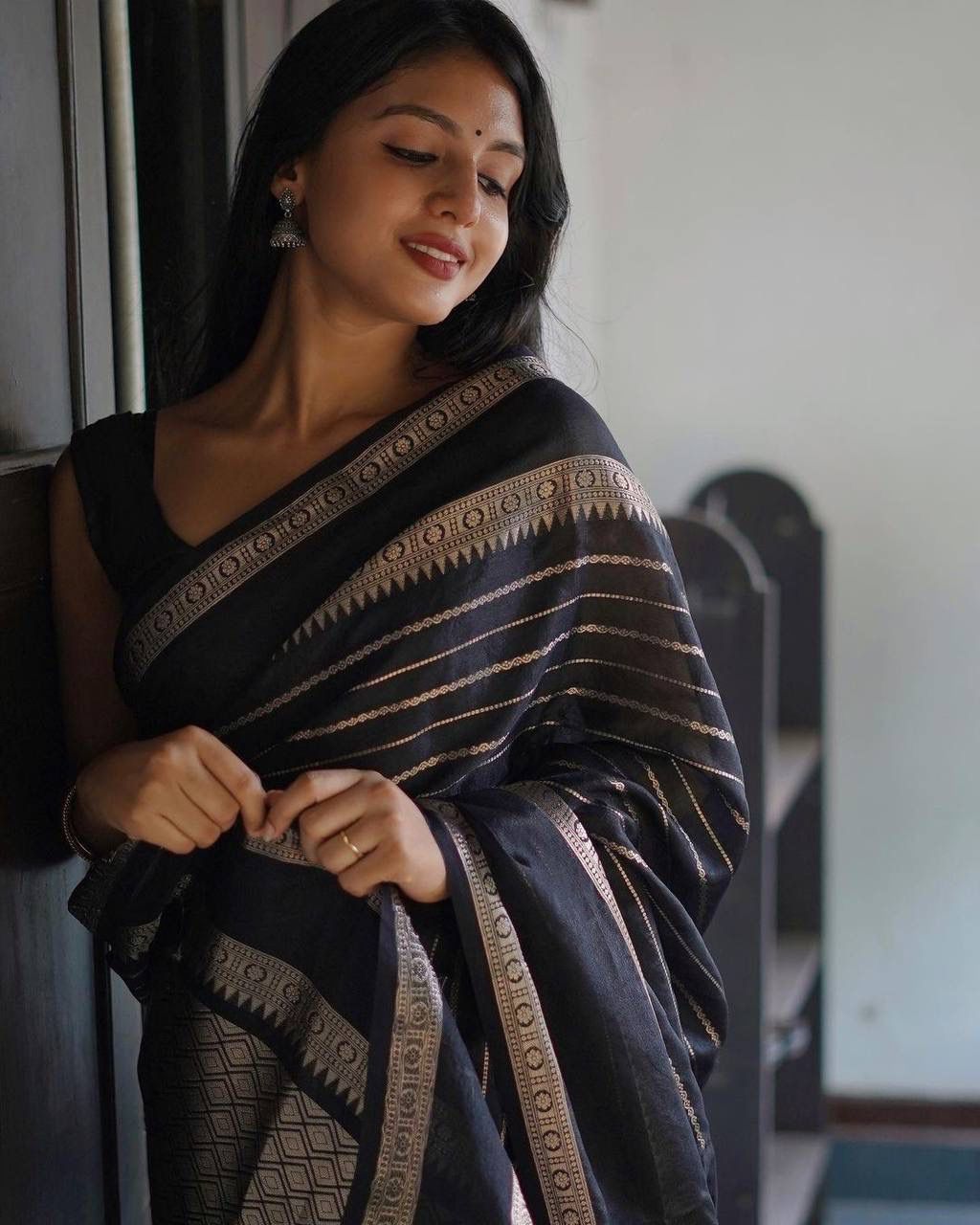 Trendy Black Soft Silk Saree With Precious Blouse Piece - Colorful Saree