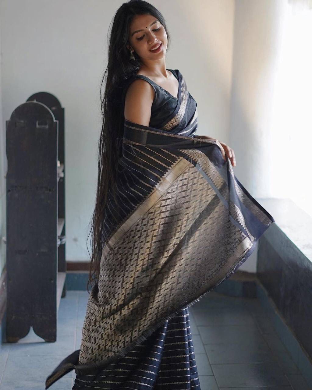 Trendy Black Soft Silk Saree With Precious Blouse Piece - Colorful Saree