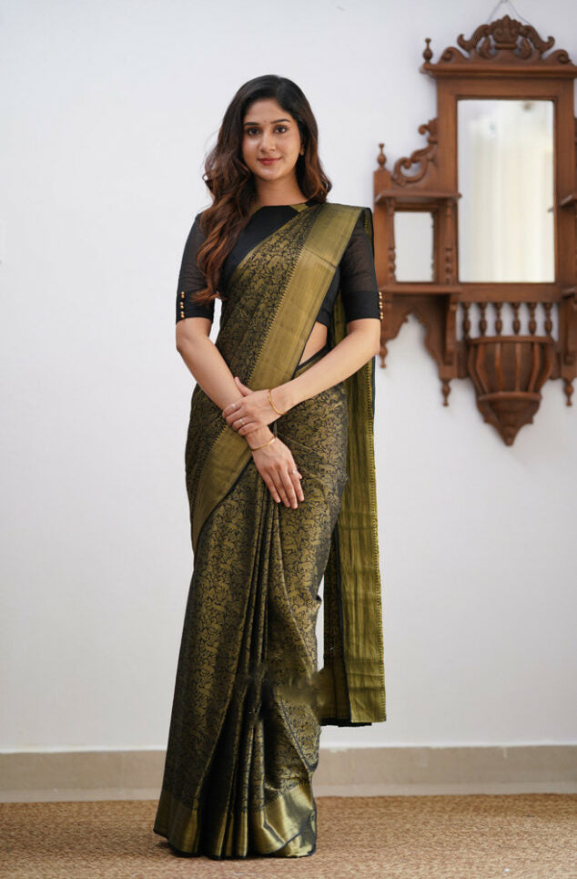 Glittering Black Soft Silk Saree With Enchanting Blouse Piece - Colorful Saree