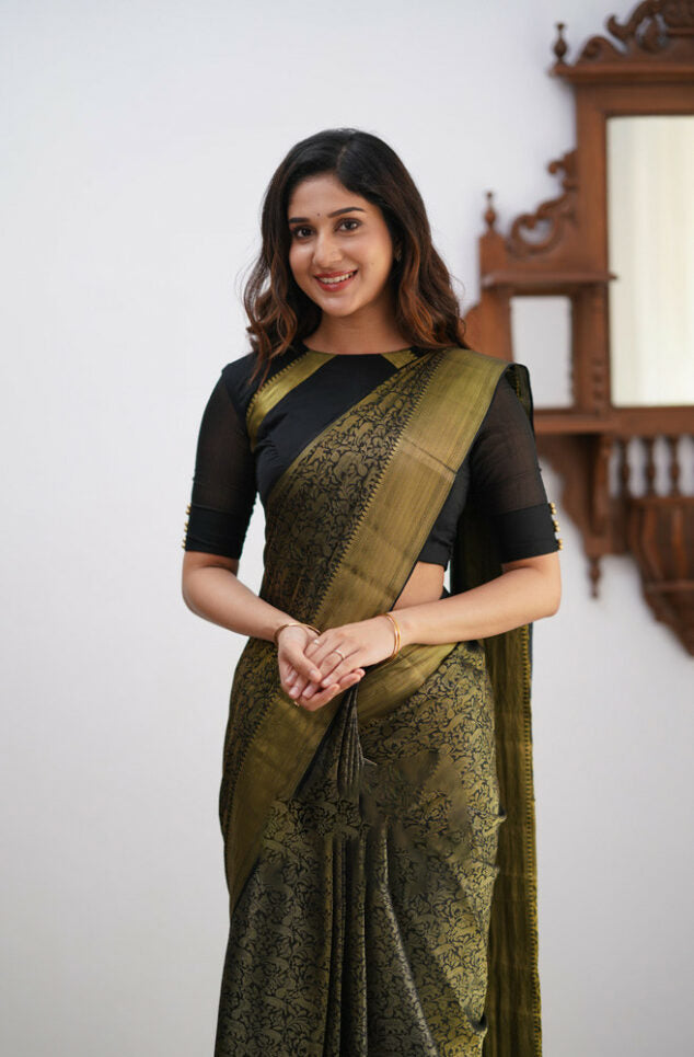 Glittering Black Soft Silk Saree With Enchanting Blouse Piece - Colorful Saree