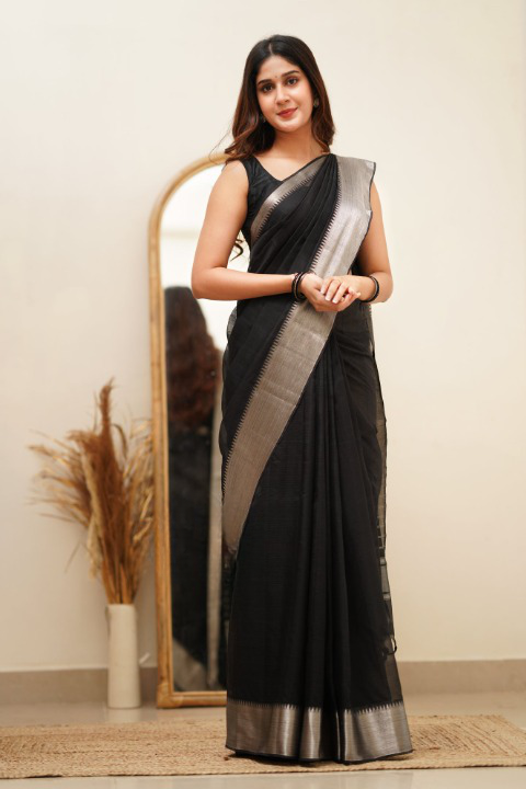 Breathtaking Black Cotton Silk Saree With Intricate Blouse Piece - Colorful Saree