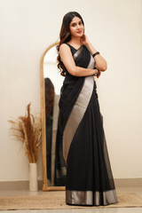 Breathtaking Black Cotton Silk Saree With Intricate Blouse Piece - Colorful Saree