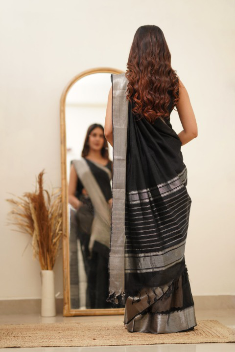 Breathtaking Black Cotton Silk Saree With Intricate Blouse Piece - Colorful Saree