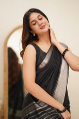 Breathtaking Black Cotton Silk Saree With Intricate Blouse Piece - Colorful Saree