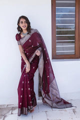 Extraordinary Wine Cotton Silk Saree With Precious Blouse Piece - Colorful Saree