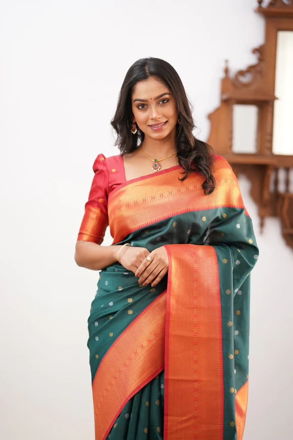 Eloquence Dark Green Soft Silk Saree With Evocative Blouse Piece - Colorful Saree