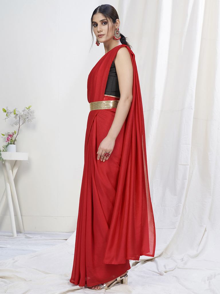 Admiral Red Ready to Wear One Minute Lycra Saree - Colorful Saree