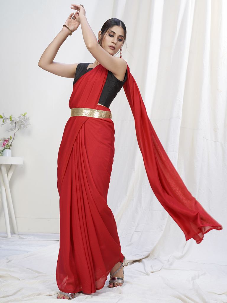 Admiral Red Ready to Wear One Minute Lycra Saree - Colorful Saree