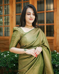 Bucolic Green Soft Kanjivaram Silk Saree With Incredible Blouse Piece - Colorful Saree