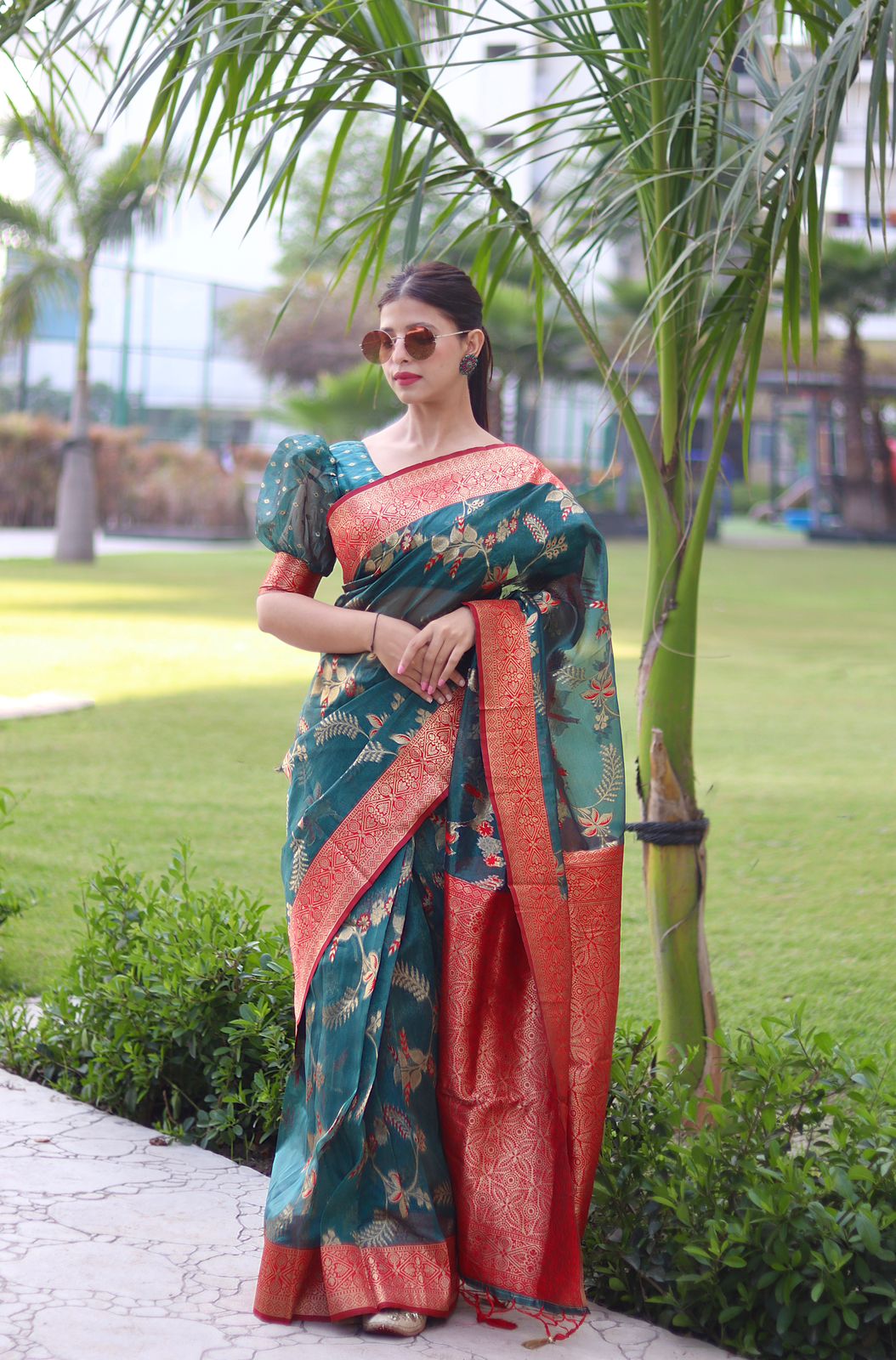 Devastating Rama Organza Silk Saree With Glowing Blouse Piece - Colorful Saree