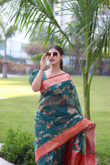 Devastating Rama Organza Silk Saree With Glowing Blouse Piece - Colorful Saree