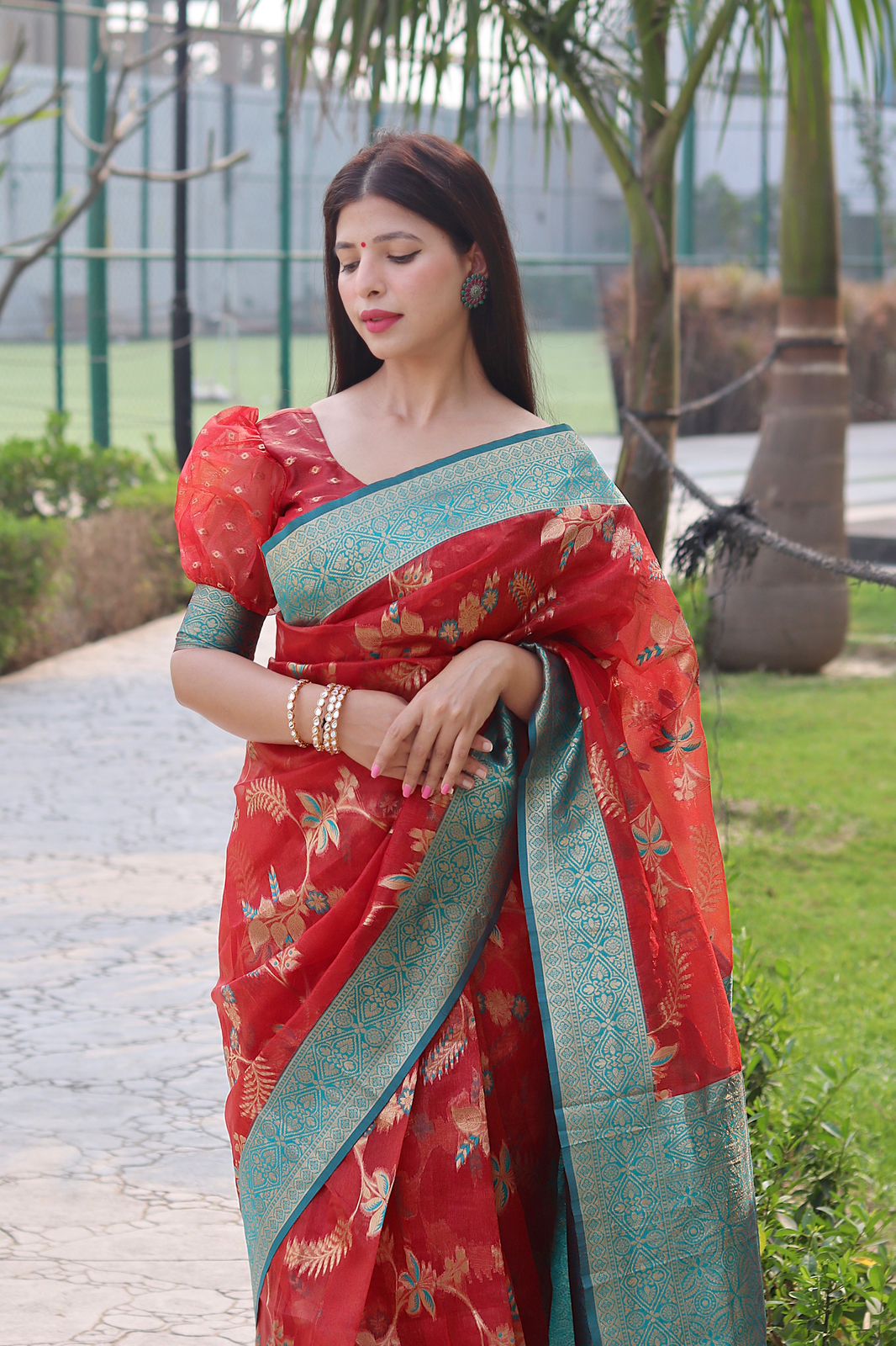 Smashing Red Organza Silk Saree With Demanding Blouse Piece - Colorful Saree