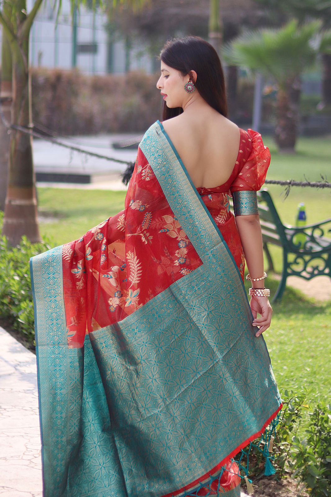 Smashing Red Organza Silk Saree With Demanding Blouse Piece - Colorful Saree