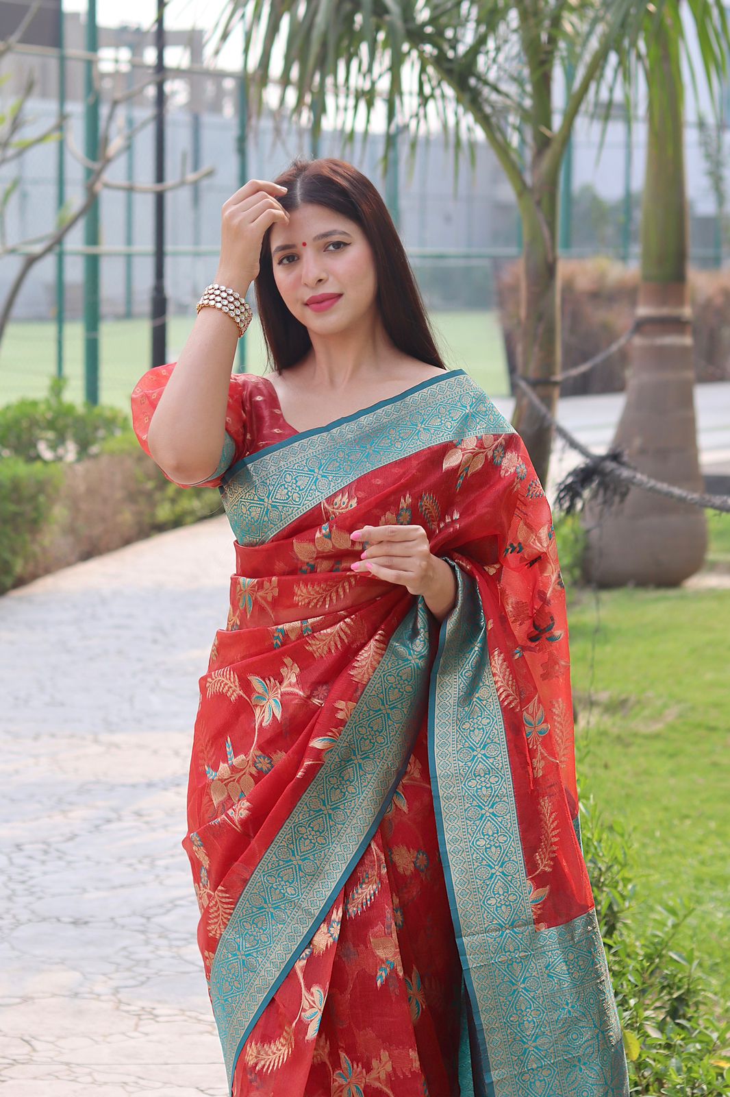 Smashing Red Organza Silk Saree With Demanding Blouse Piece - Colorful Saree