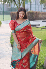 Smashing Red Organza Silk Saree With Demanding Blouse Piece - Colorful Saree