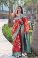 Smashing Red Organza Silk Saree With Demanding Blouse Piece - Colorful Saree